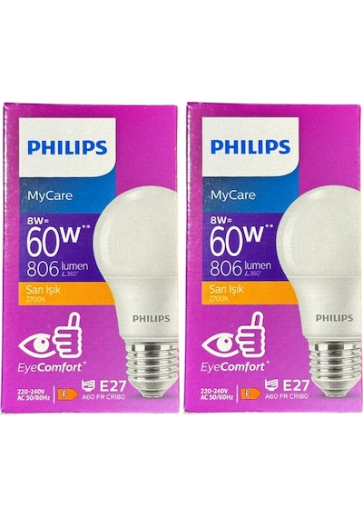 Philips 8w 60w 2700k Sarı Işık E27 Duylu Klasik Led Ampul 2 Adet