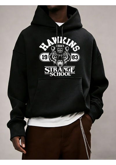 Startmore Startmorestrange School 1983 Baskılı Erkek Günlük Giyim Modası Bol Kapüşonlu Üstler Her Şeyle Uyumlu S Siyah