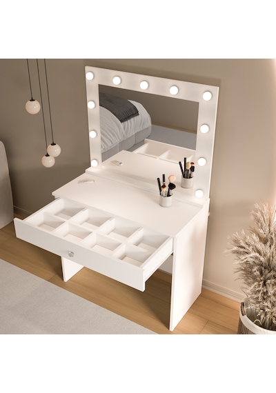 Robin Home Hollywood Makyaj Masası Çekmeceli Hollywood Led Işıklı Raflı Beyaz