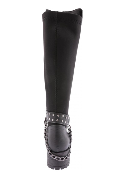 Dgn 607 Kadın Bilek Tokalı Zincir Detaylı Arkası Stretch Knee High Flats Çizme Siyah