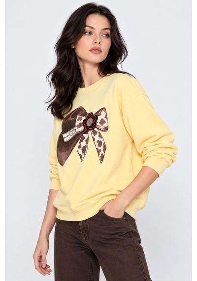 Mevese Kadın Taş İşlemeli Fiyonk Baskı Oversize Üç İplik Rahat Kesim Sweatshirt -sarı