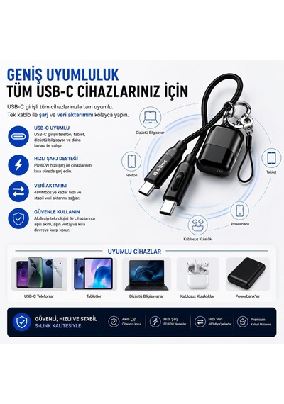 S-link Armor Cc-020 60w 20 Cm Type-c To Type-c Pd Örgülü Metal Başlıklı Siyah Hızlı Şarj Kablosu, Kısa Type C Kablo İphone Vb Tüm Type C Telefon Ve Tabletler İle Tam Uyumlu
