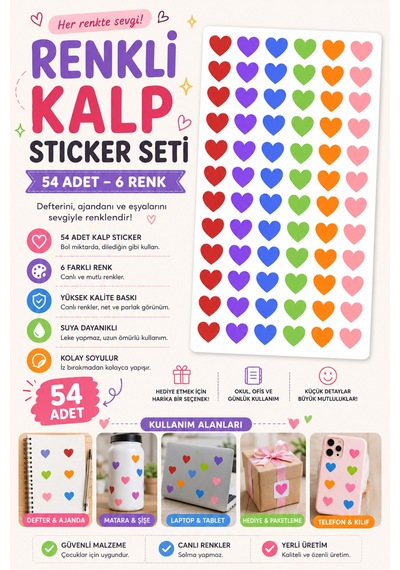 54 Adet Renkli Kalp Sticker Seti 6 Farklı Renk Dekoratif Kalp Çıkartma Çok Renkli