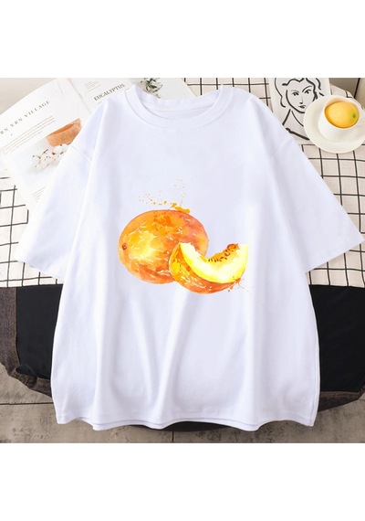 Startmore Beyaz Meyve Nar Kavun Baskı Lu Üstleri Gevşek O-boyun Tees Beyaz