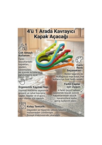 Konserve Kavanoz Ve Şişe Kapak Açacağı Kavanoz Kapağı Açma Aparatı 4 Boy 1 Adet Çok Renkli - 919917838 Çok Renkli