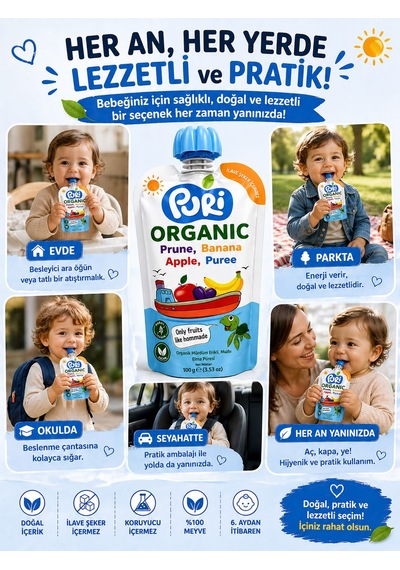 Organic %100 Organik Meyve Püresi Mürdüm Erik Muz Elma 100 G İlave Şekersiz