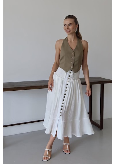 Neşeli Butik Kadın Bel Lastikli Düğmeli Etek Nbnp010 Beyaz