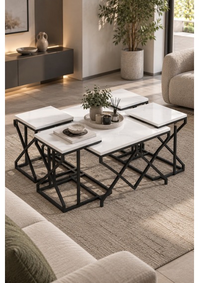 Sulorahome 5'li Beyaz Mermer Görünümlü Sehpa Seti Metal Ayaklı