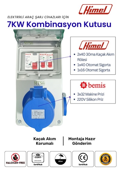 7.4kW Monofaze Himel Kombinasyon Kutusu 3x32A Tesla Mavi Adaptör Uyumlu Kaçak Akım Röleli