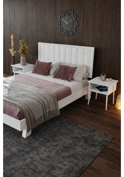 Hüma Dikey Başlıklı Masif Ahşap Karyola Ve 2 Adet Beyaz 90x200