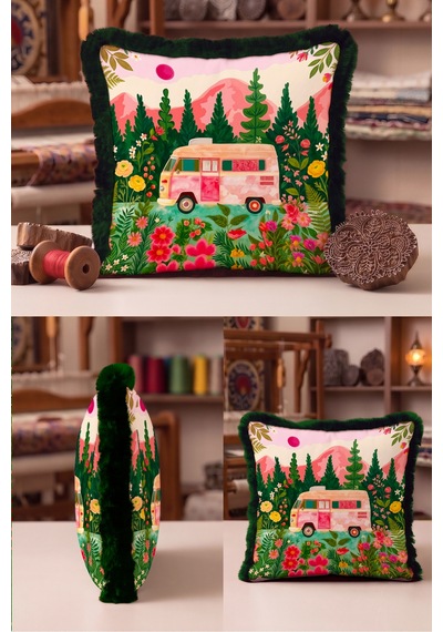 Çiçekli Karavan Manzara Saçaklı Yastık Kılıfı - Kamp Retro Bohem Pembe Yeşil Püsküllü Kırlent Kılıfı Kayıp Sahil Serenat Çiçekli Karavan Manzara Saçaklı Yastık Kılıfı - Kamp Retro Bohem Pembe Yeşil Püsküllü Kırlent Kılıfı Kayıp Sahil Serenat