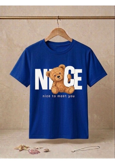 Ayıcık Figürlü Nice To Meet You Yazılı Oversize T-shirt Mavi