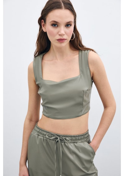 Sateen Kare Yaka Deri Crop - Çağla Yeşili-135669 Çağla Yeşili