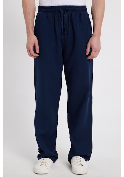 Tudors Erkek Baggy Fit Geniş Kesim %100 Pamuk Beli Lastikli Yandan Cepli Müslin Lacivert Düz Pantolon-46261