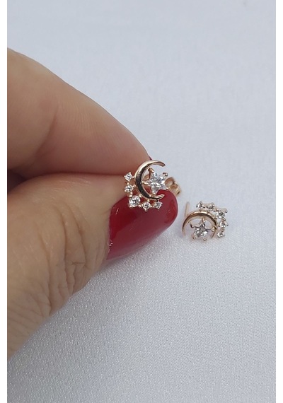 925 Ayar Rose Renk Yıldızlı Hilal Gümüş Küpe