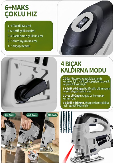 Schatz 800 W Lazerli Devir Ayarlı Dekupaj Testere Makinesi Gri + 5 Adet Testere Ucu
