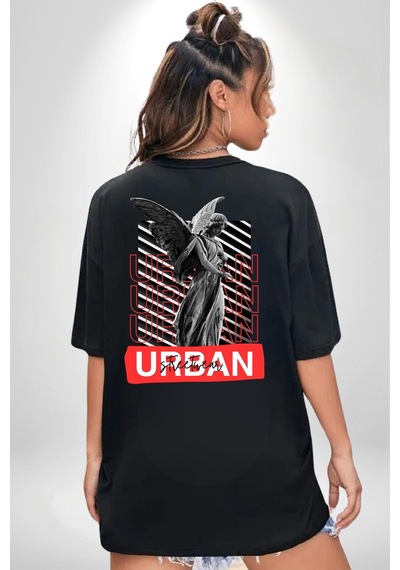 Şehir Sokak Stili Melek Heykeli Siyah Oversize Unisex Ön Ve Sırt Baskılı Tişört Siyah