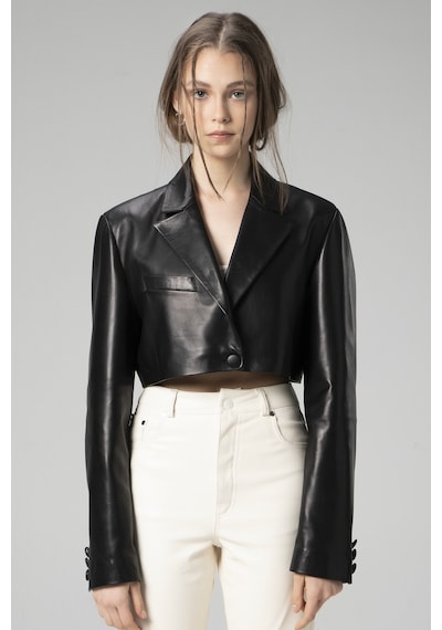 Siyah Dericlub Wm034 Gerçek Deri Crop Blazer Kadın Ceket