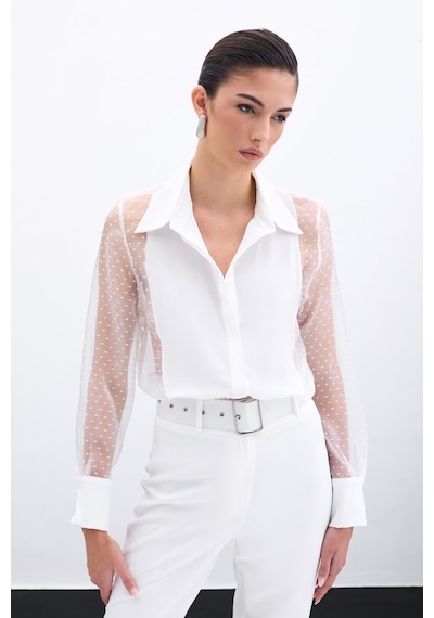 Sateen Organze Detaylı Gömlek - Ekru-135969 Ekru