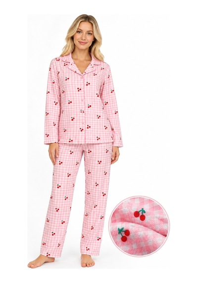 Sleeeproom Kadın Süet Düğmeli Mevsimlik Ekose Desen Pudra Pijama Takımı Pudra - Beyaz