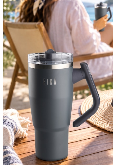 Fika Lumi Patentli Döner Kulplu Sızdırmaz Çift Ağızlıklı Çelik Termos 950 Ml Antrasit