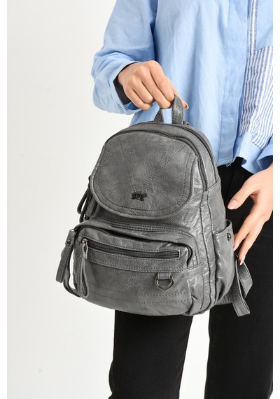 Baginn Y.s.deri Mini Boy Kadın Sırt Çantası Vegan Deri Bayan Sırt Çantası 27 20 Cm Yumuşak Doku Çok Cepli Gri