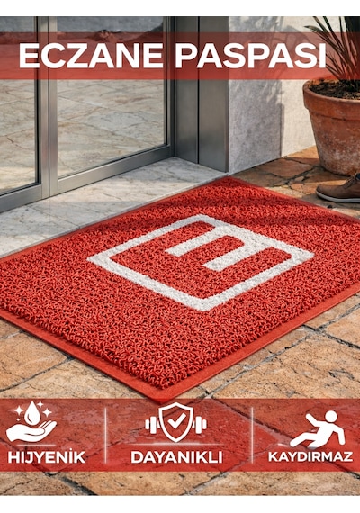 Beylini Eczane Önü Paspası E Logo Giriş İşyeri Eczane Mağaza Girişi Kapı Önü Kıvırcık Hijyen Halısı 60x80 Cm Kırmızı