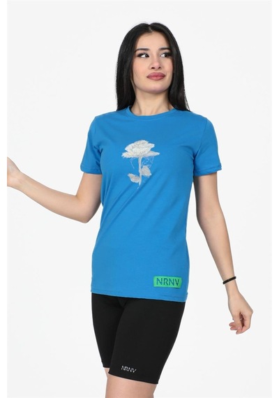 Gül Desenli Bisiklet Yaka Normal Kalıp Tshirt İndigo-indigo İndigo Gül Desenli Bisiklet Yaka Normal Kalıp Tshirt İndigo-indigo İndigo