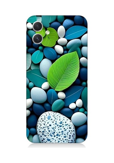 Samsung Galaxy A05 Uyumlu Mavi Turkuaz Taşlar Ve Yeşil Yaprak Desenli Silikon Kılıf