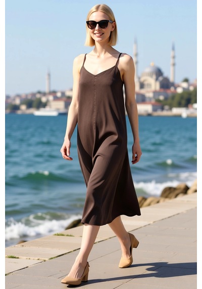 Benerly Kadın A-line Midi Denim Elbise İnce Askılı Bisiklet Yaka Kolsuz R Kahverengi