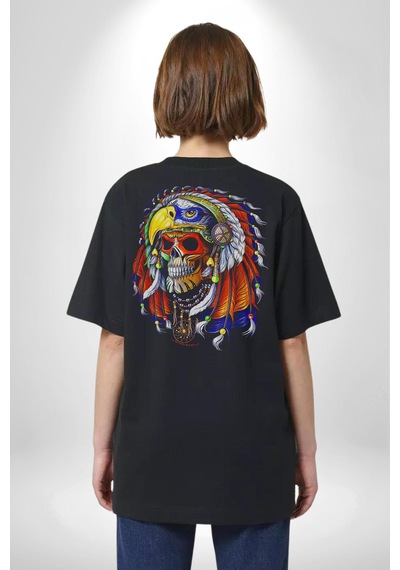 Kızıl Derili Kuru Kafa Düş Kapanı Pamuklu Unisex Oversize Sırt Dijital Baskılı Siyah T-shirt Siyah