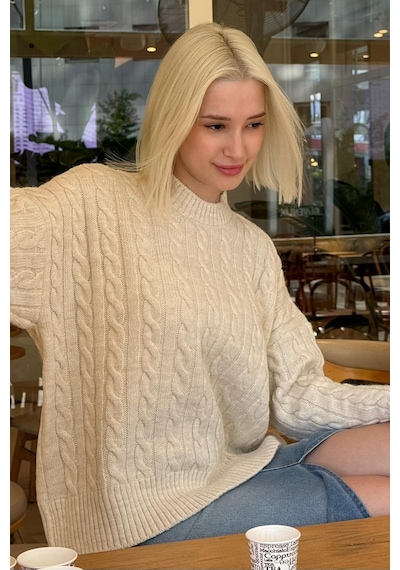 Madmext Ekru Bisiklet Yaka Örgü Desenli Kadın Triko Kazak Mg2520 Ekru