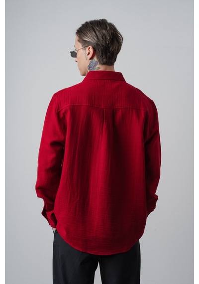 Respire Erkek R Nakışlı Uzun Kollu Müslin Oversize Gömlek Bordo