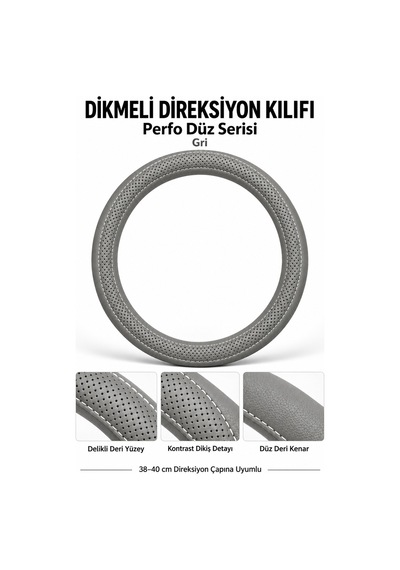 Trobus Volkswagen Taigo 2021-2025 Uyumlu Dikmeli Direksiyon Kılıfı Perfo Düz Delikli Deri Gri