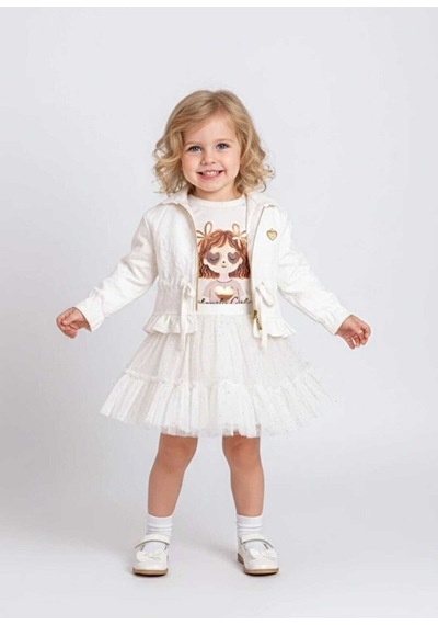 Ministok White Fashion Ceket Tütü Etek T-shirt 3'lü Kız Çocuk Takım Beyaz