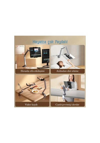 Alüminyum Akrobat Tablet & Telefon Tutucu Stand 360 Oynar Başlıklı Ayarlanabilir Uzun Kol Gri - 789254597 Gri