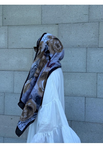 Qalortex Scarf Pamuklu Rose Desen Şal- Siyah/gri Siyah-Gri