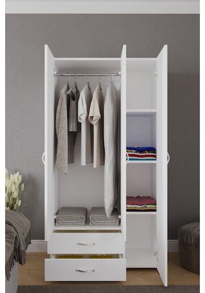 Mavera 3 Kapaklı 2 Çekmeceli Gardrop, Beyaz, 90 Cm Beyaz