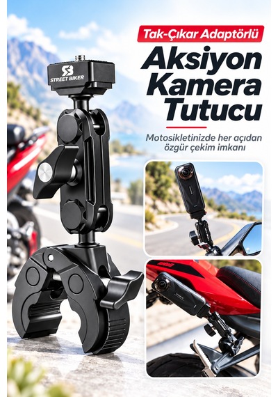 Uba-q1 360 Aksiyon Kamera Tutucu Tak Çıkar Adaptörlü Motosiklet Gidon Kamera Bağlantı Aparatı Siyah