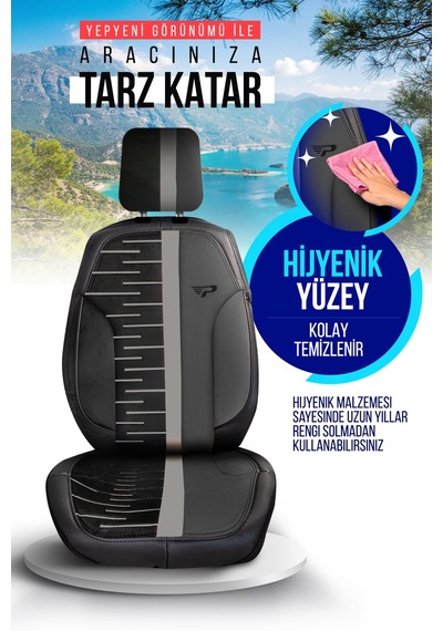 Siyah - Füme Panda Camila Serisi Velucantra Kumaş Oto Koltuk Kılıfı - Tam Set