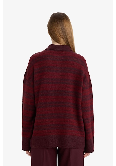 Defacto Loose Fit Polo Yaka Çizgili Triko Kazak Tunik G7240ax25cwbr452 Bordo-br452