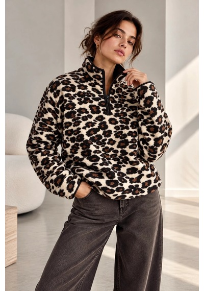 Bbbutikbasic Dik Yaka Yarım Fermuarlı Desenli Polar Sweatshirt My3535 Siyah Leopar