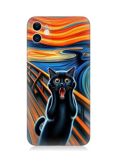 Apple Uyumlu iPhone 12 Mini Çığlık Atan Siyah Kedi Desenli Silikon Kılıf Çok Renkli