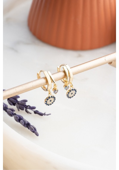 Nereze 925 Ayar Gümüş Gold Mistik Topaz Taşlı 12 Mm Nazar Küpe
