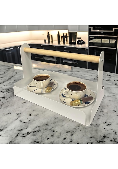 Ahşap Saplı Beyaz 30x17cm Metal Servis, Sunum, Dekoratif Tepsi Çok Renkli