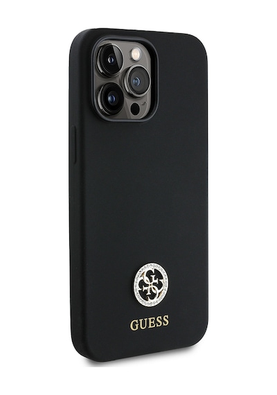 Apple Uyumlu iPhone 14 Pro Max Kılıf Guess Lisanslı Yazı Ve Taşlı 4g Logolu Silikon Kapak Siyah