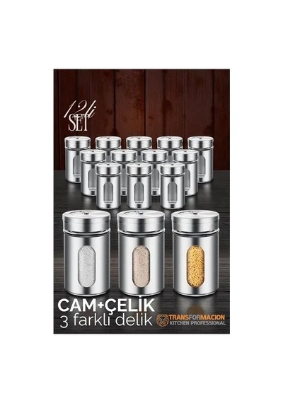 Cam+çelik Tuzluk Biberlik Karabiberlik 3 Farklı Delikli 12 Li Set 721946 Diğer