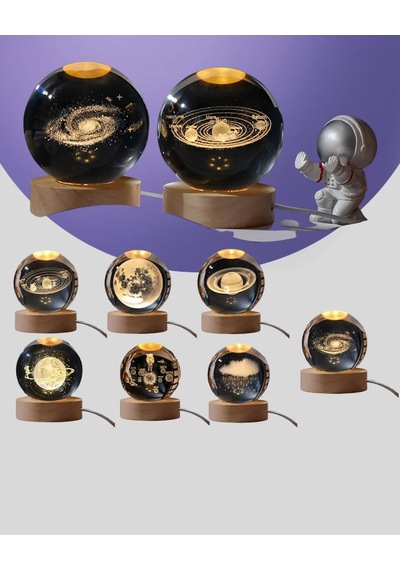 Samanyolu Desenli Kristal Küre Ahşap Standlı Gün Işığı Led Masa Lambası Siyah 62432620