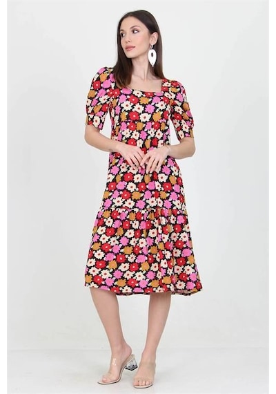 Dip Moda Kadın Kare Yaka Çiçek Desenli Viskon Elbise Dpnb10026 Kırmızı