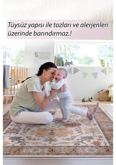 Foldy Vintage Desenli Dokuma Taban Dekoratif Kahverengi Halı Fl 35 Kahverengi 2